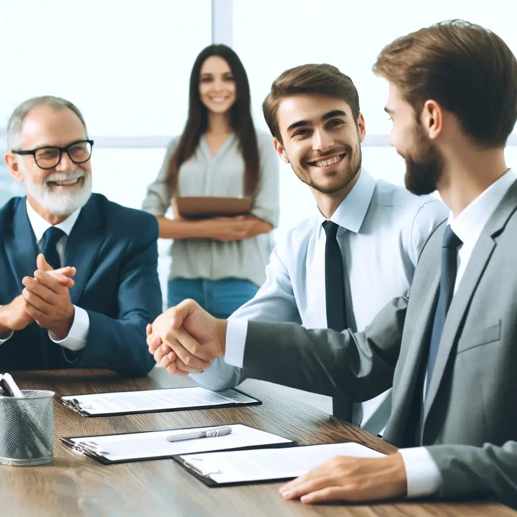 the essential elements of a good conflict resolution. The image shows two colleagues shaking hands and smilin